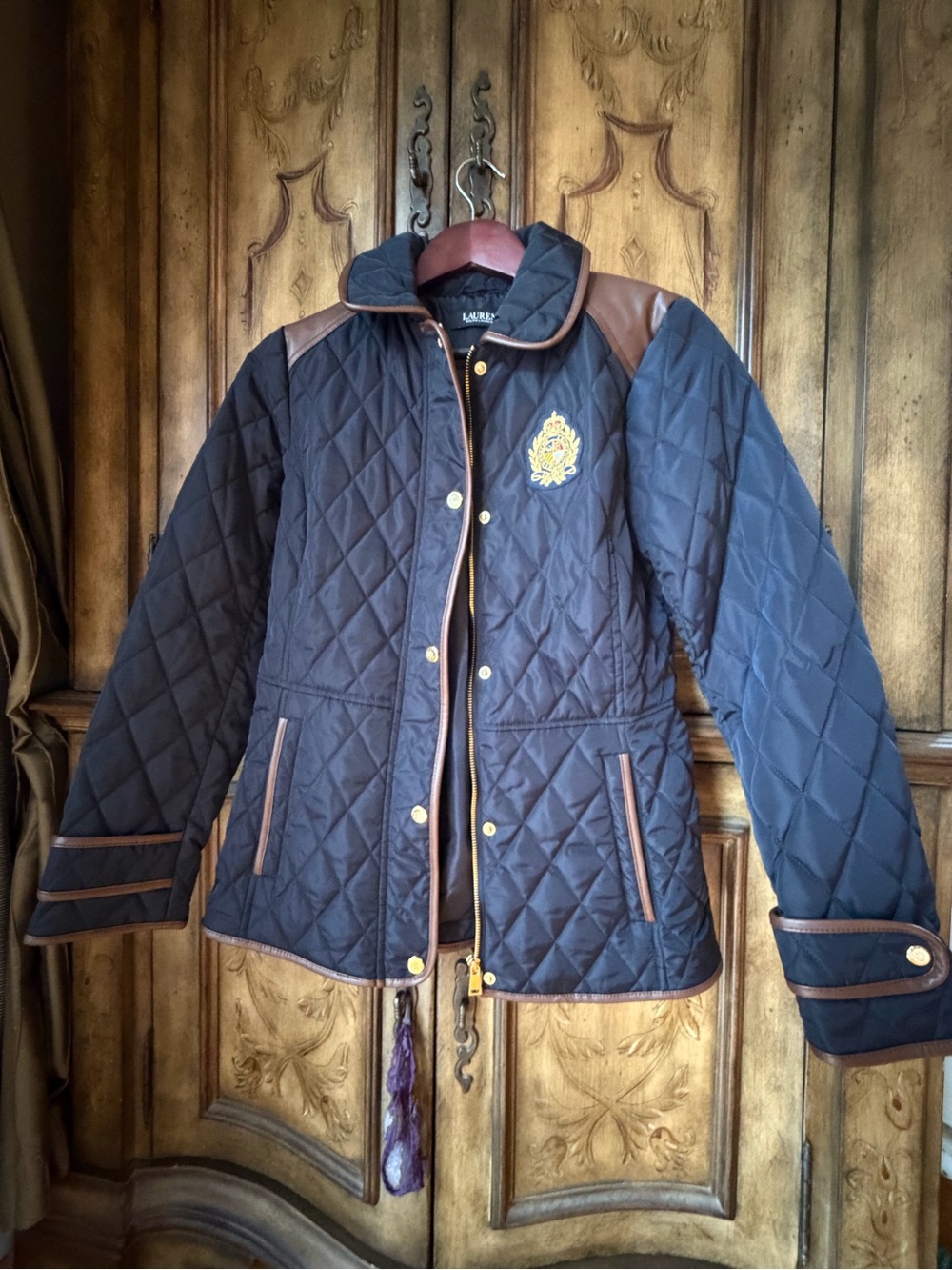 LAUREN, RALPH LAUREN Quilted Navy Jacket with Brown Trim